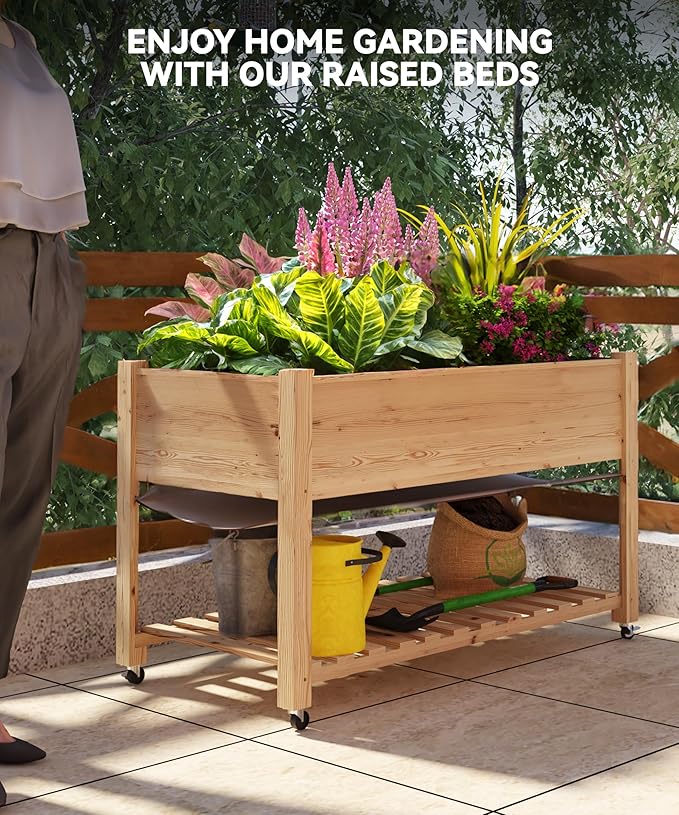 Raised Garden Bed on Wheels, Elevated Raised Wood Planter Box with Legs, Elevated Garden Bed for Vegetables, Standing Garden Container for Backyard, Patio