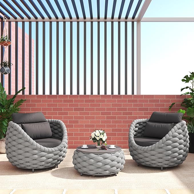 TWT Aluminum Patio Furniture Set Three Seater Sofa Outdoor Furniture Set w/Coffee Table,Patio Conversation Set with Hand Woven Polyester Rope for Bedroom Backyard Poolside, Grey