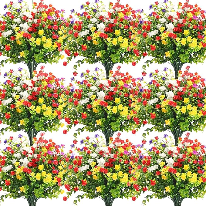 WILLBOND 48 Bundles Artificial Flowers Outdoor,UV Resistant Faux Plastic Plants Greenery Shrubs Flower Bulk for Hanging Planter Porch Window Home Wedding Spring Summer Decor (Fresh Color)