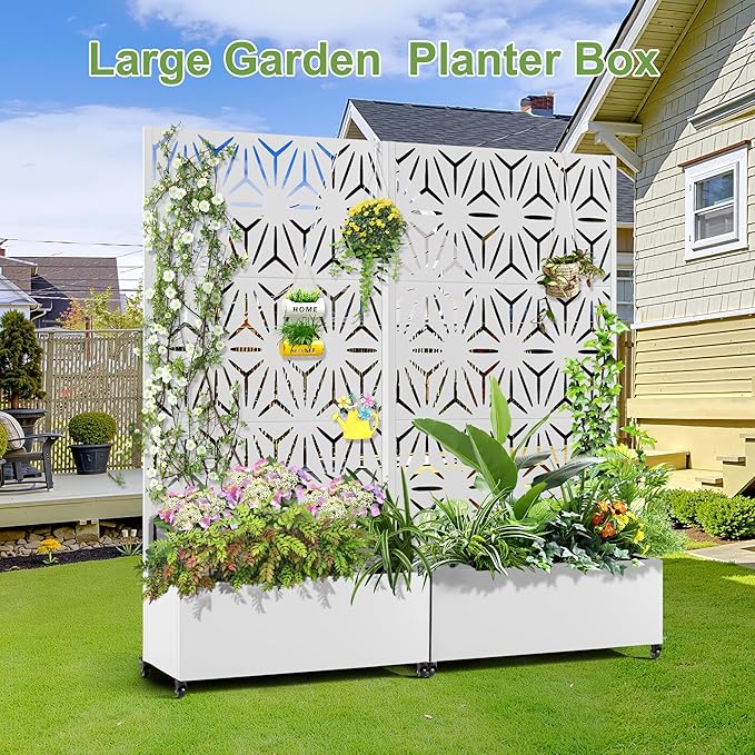 Raised Garden Bed with Trellis and Wheels,73"x35"x16" Metal Raised Garden Bed,White Star Metal Planter with Climbing Trellis for Vines & Vegetables