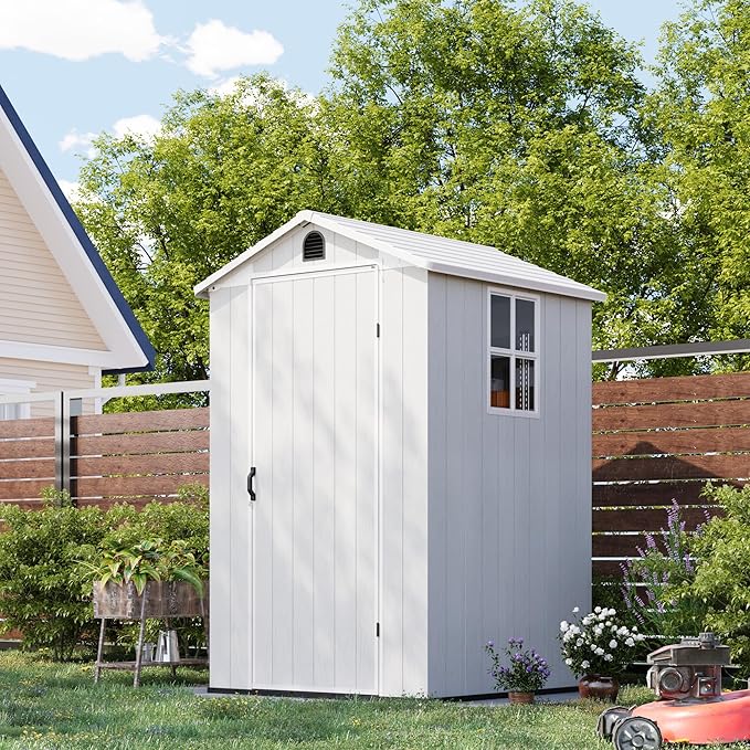 Patiowell 4' x 4' Outdoor Storage Shed with Floor, Plastic Shed Outside Resin Tool Shed with Window and Lockable Door for Backyard Garden Patio Lawn, Light Grey (Fit-it Shed)