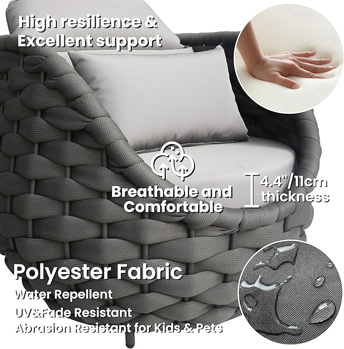 Woven Rope Outdoor Chair: Aluminum Patio Accent Chair with Arms - Assembled Cushioned Lounge Chair for 400lbs - Morden Porch Furniture Seating for Deck Balcony Garden Pool Backyard Hotel Resort