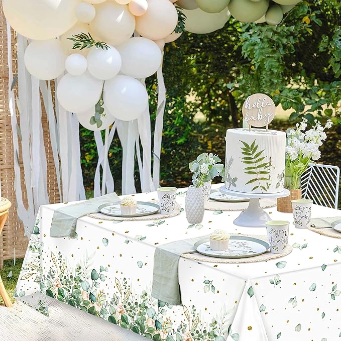 Sage Green Eucalyptus Leaf Tablecloth for Baby Shower Party Decoration Disposable Plastic Sage Greenery Tablecloth Table Cover Boho Woodland Neutral Baby Shower Wedding Party 54 x 108IN (3, Greenery)