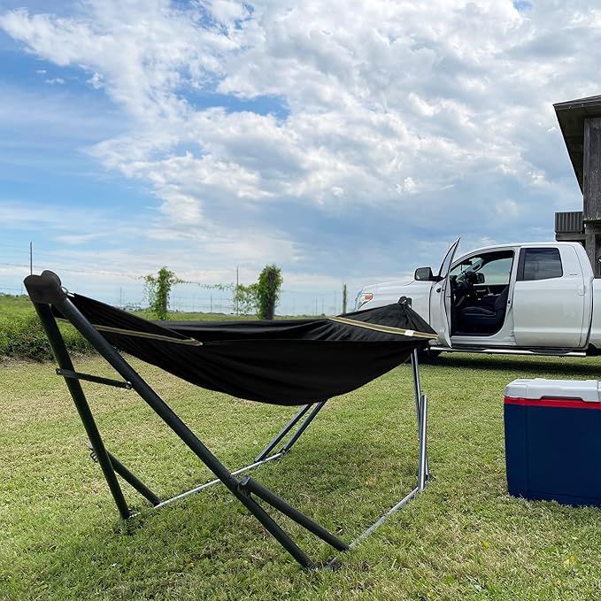Tranquillo Uniki Collapsible Hammock, Folding Camping Hammock and Stand, 550 lbs Capacity Hammock with Stand, Heavy Duty Folding Hammock for Indoor Outdoor, Black