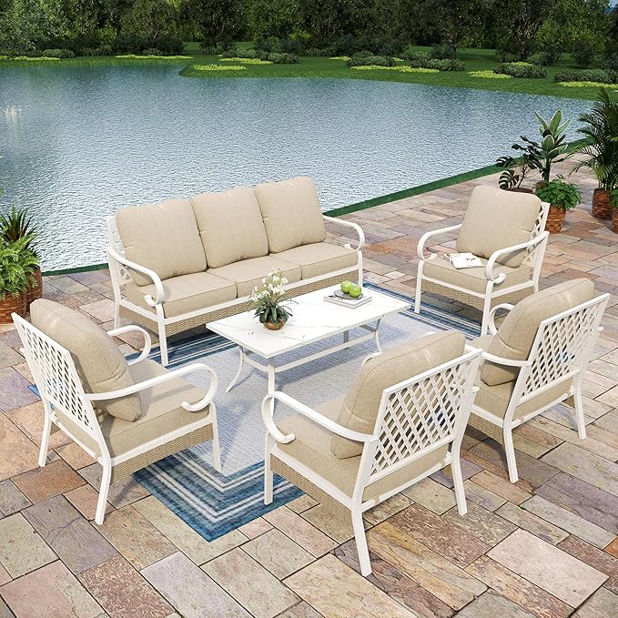 6 Piece Patio Furniture Set, 4 x Fixed Chair, 1 x 3-Seat Sofa with Marbling Coffee Table, All Cushioned 7 Seats Outdoor Conversation Set for Lawn Garden Backyard, Beige