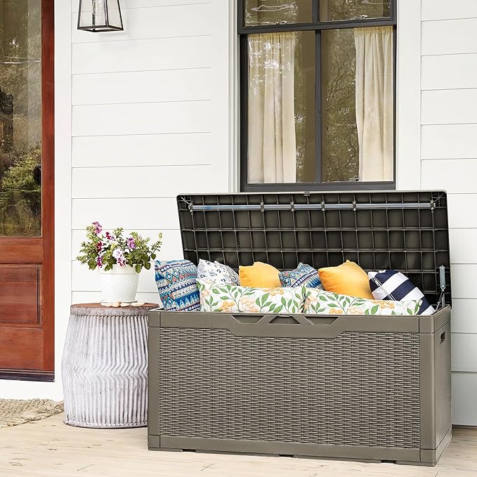 Flamaker Deck Box with Cushion 100 Gallon Waterproof Resin Storage Box with Air Rod Indoor Outdoor Lockable Storage Bench for Patio Furniture, Tools, Pool Accessories (Brown)