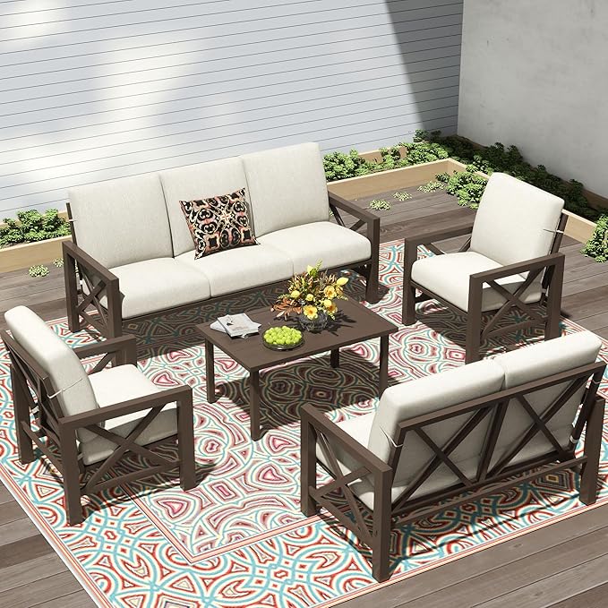 NATURAL EXPRESSIONS 5 Pieces Patio Furniture Set,Outdoor Furniture Sectional Sofa Modern Patio Set for 7 with Deep Seating,High Back Backrest,3 Seater Sofa,Loveseat,2 Fixed Chairs,Metal Table,Beige