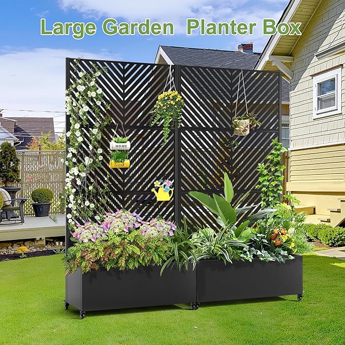 Raised Garden Bed with Trellis and Wheels,73"x35"x16" Metal Raised Garden Bed,Black Parallel Metal Planter with Climbing Trellis for Vines & Vegetables