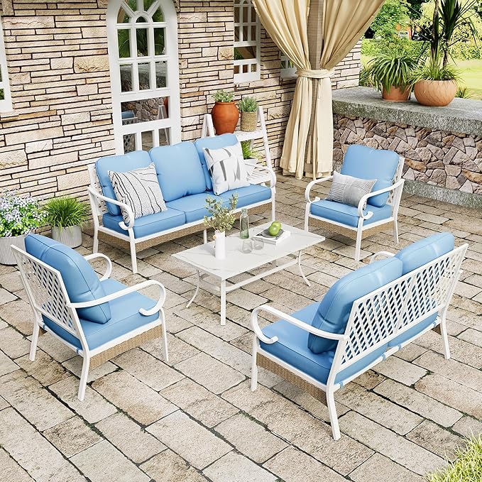 5 Piece Patio Furniture Set, 2 x Fixed Chair, 1 x 2-Seat Sofa, 1 x 3-Seat Sofa with Marbling Coffee Table, All Cushioned 7 Seats Outdoor Conversation Set for Lawn Garden Backyard, Blue
