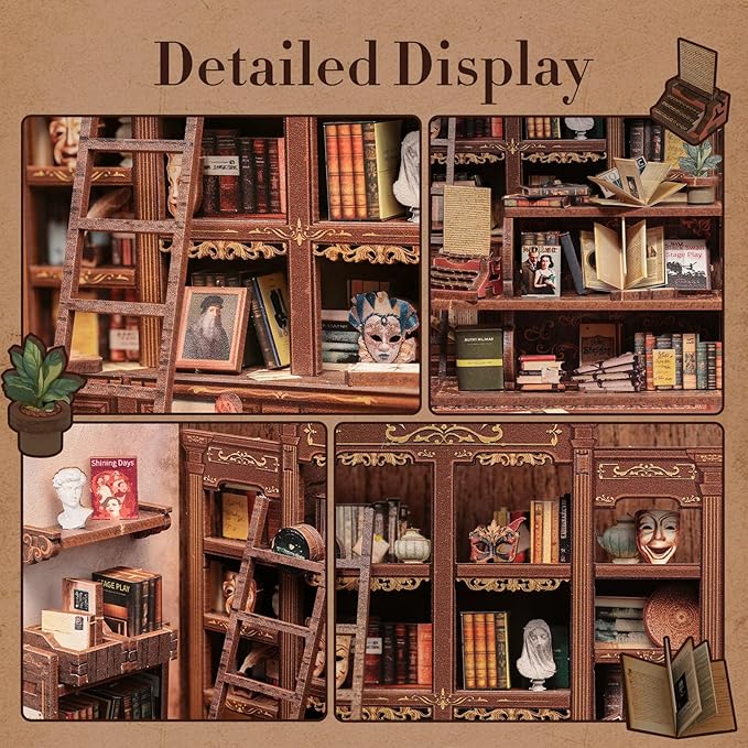 Fsolis Book Nook Kit, DIY Miniature Scene Kit for Adults and Beginners 3D Wood Puzzles Tiny House Room Kit Mini Craft Bookshelf Decor Gifts for Women Teenagers Book Lovers (The Drama Bookshop)