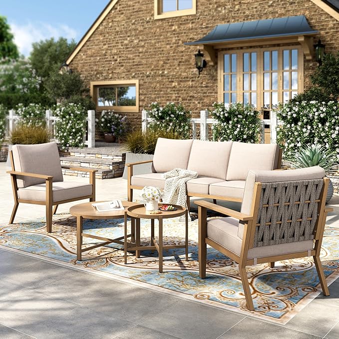 HERA'S HOUSE Patio Furniture Set 5-Piece, All-Weather Metal Outdoor Conversation Set with Wood Grain Finish, 2 x Leg Chair, 1 x 3-Seat Sofa, 2 x Multi-Functional Coffee Table for Garden Deck Backyard