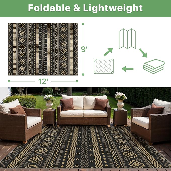 GENIMO Outdoor Rug for Patio Clearance, 9'x12' Reversible Plastic Straw Rugs, Lightweight Waterproof RV Camping Mat for Camper, Balcony, Deck, Backyard, Picnic, BlackBrown