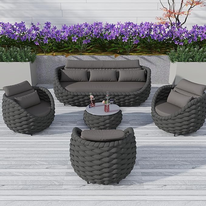 6-Piece Aluminum Patio Furniture Set, Modern Outdoor Conversation Set Sectional Sofa with Water Repellent Thick Cushions and Coffee Table for Balcony, Garden