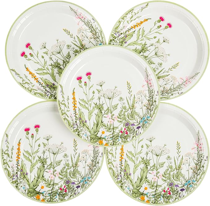 Wildflower Party Plates 9" Floral Paper Plates Botanical Green Leaves Herbs Disposable Flower Party Supplies Spring Summer Vintage Garden Decorative Dinner Dessert Plates