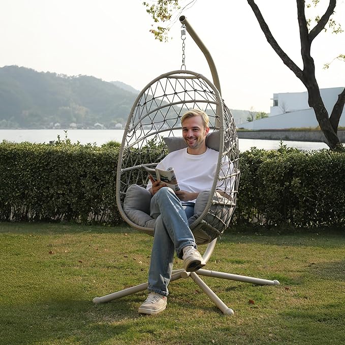 RoyalCraft Hanging Egg Chair Outdoor Swing Chair with Stand, Hammock Chair Indoor, Patio Boho Wicker Hanging Chair with Stand 350lbs Capacity for Garden, Balcony, Bedroom, Beige & Gray