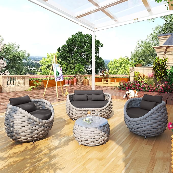 TWT 4 Pieces Aluminum Patio Furniture Set, Modern Outdoor Patio Furniture with Coffee Table, No Assembly Required Outdoor Conversation Set with Dark Grey Cushions for Balcony, Porch, Lawn