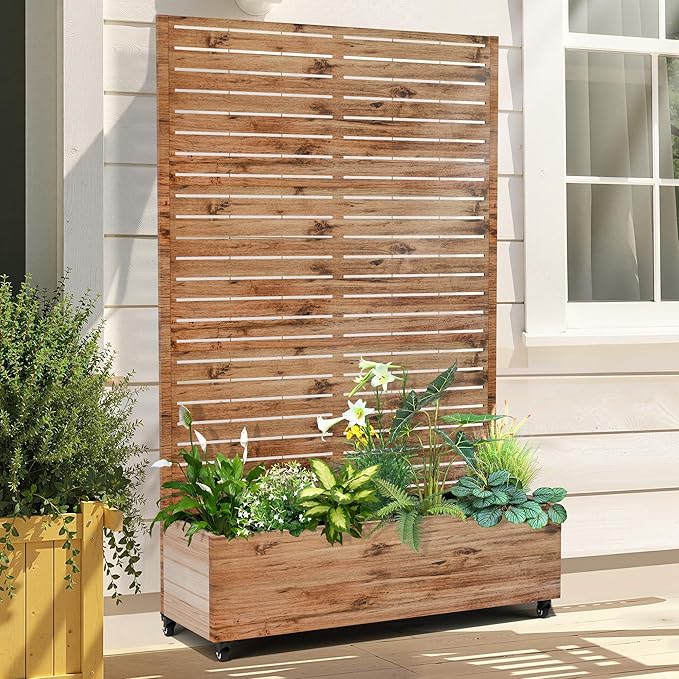 Raised Garden Bed with Trellis and Wheels,73"x47"x16" Metal Raised Garden Bed,Brown Wood Finish Metal Planter with Climbing Trellis for Vines & Vegetables