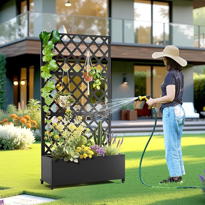 Metal Raised Garden Bed with Trellis and Wheels, 2 in 1 Trellis with Planter Box & Privacy Screen for Climbing Plants, Outdoor Standing Flower Beds with Drainage Holes, 35.4"L x 15.7"W x 70.9"H, Black