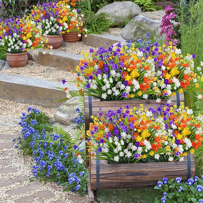 AmyHomie 20 Bundles Artificial Flowers for Outdoor UV Resistant Faux Flowers No Fade Fake Plastic Plants Garden Porch Window Box Decorating(Mix Color)