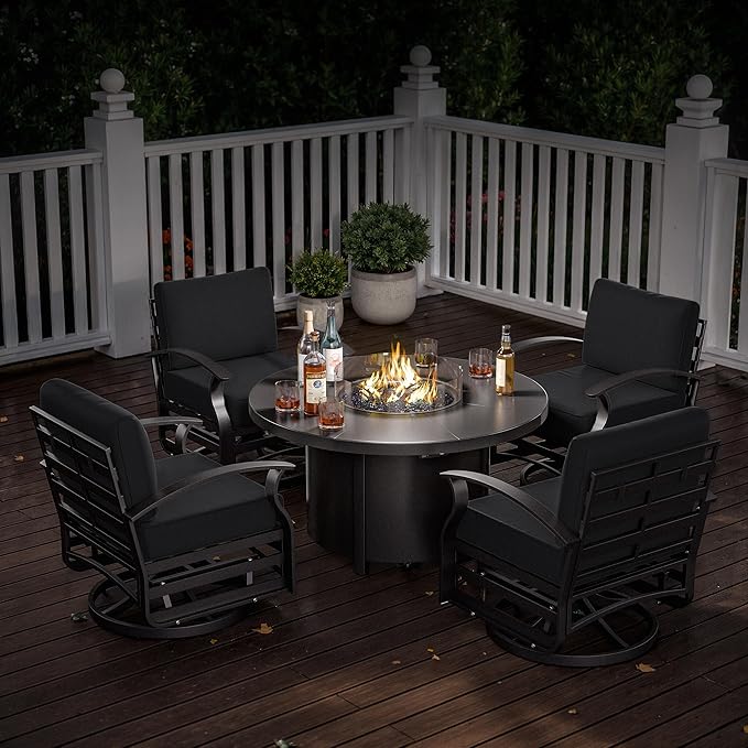 Kurapika 5 Piece Modern Metal Outdoor Conversation Sets, Patio Furniture Set, 4 Aluminum Swivel Chairs w/48in Round Propane Fire Pit Table and Thickened Cushions, Black