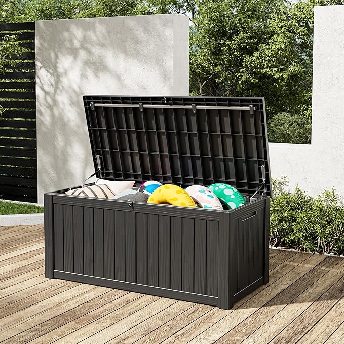 NUNU LAB 120 Gallon Outdoor Storage Box, Large Resin Deck Box with Lockable Lid, Waterproof Patio Storage Bench, Outdoor Cabinet for Garden Tools, Cushions & Pool Accessories