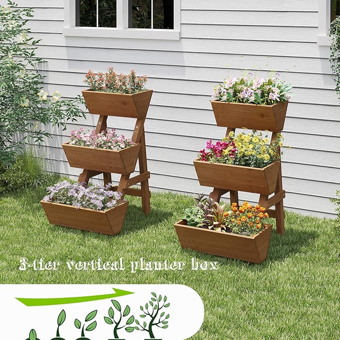 3-Tiers Wooden Raised Garden Bed Tiered Planter Box Vertical Garden Planter Wood Plant Stand for Patio, Balcony, Freestanding. (Brown S)