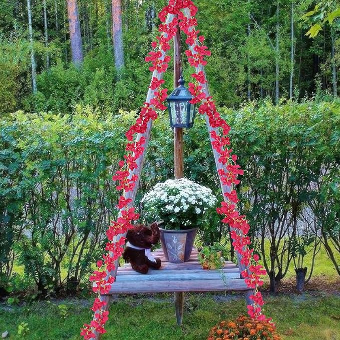 2 Pcs Artificial Bougainvillea Flowers Garland Fake Silk Bougainvilleas Vines Trailing Rose Red Faux Hanging Flowers Plants Bougainvillea Artificial for Porch Wedding Arch Spring Summer Decor