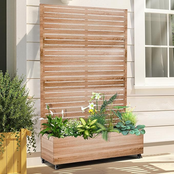 Raised Garden Bed with Trellis and Wheels,73"x35"x16" Metal Raised Garden Bed,Wood Finish Metal Planter with Climbing Trellis for Vines & Vegetables