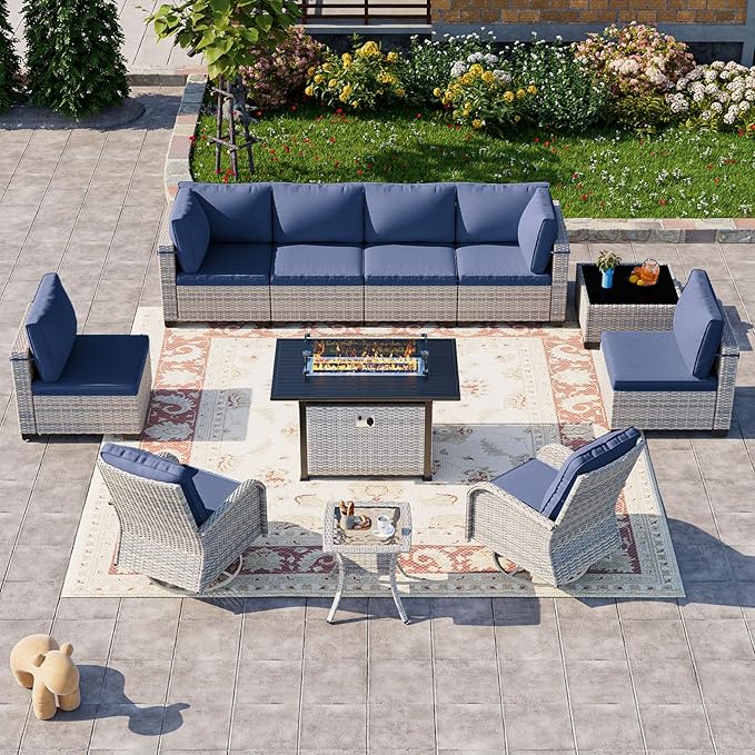 11-Piece Patio Furniture Set, Outdoor Patio Furniture with Fire Pit Table, Swivel Chairs Set, Thick Cushions, Modular Patio Sofa, Dual-Strand Wicker Rattan, Rust-Resistant Frame, Navy Blue