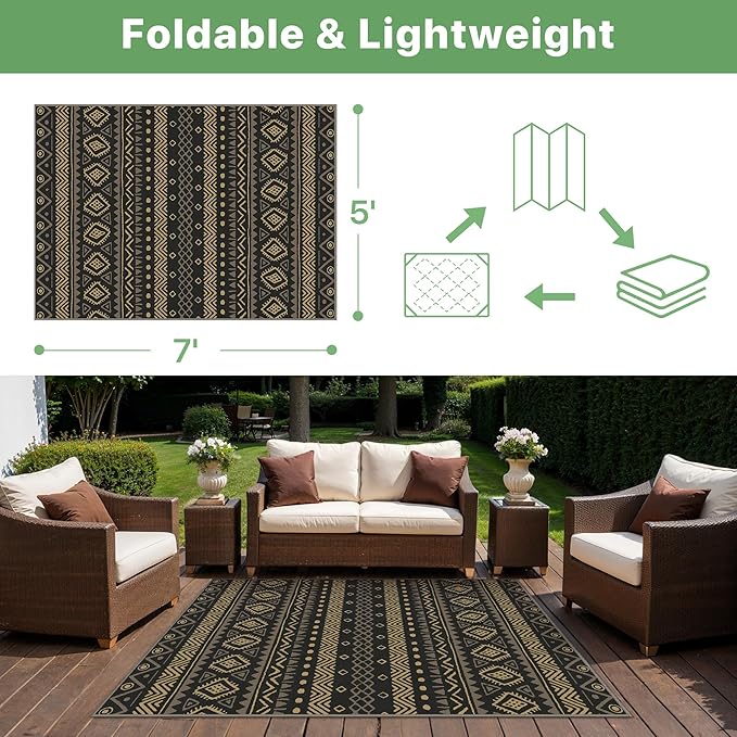 GENIMO Outdoor Rug for Patio Clearance, 5'x7' Reversible Plastic Straw Rugs, Lightweight Waterproof RV Camping Mat for Camper, Balcony, Deck, Backyard, Picnic, BlackBrown