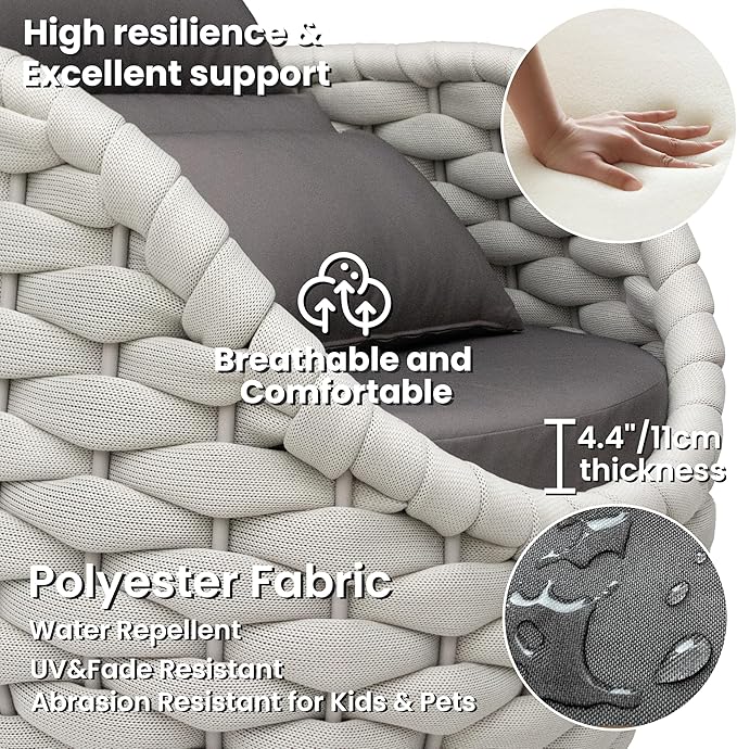 2 PCS Porch Furniture Chair: Patio Accent Chair Aluminum - Woven Rope Cushioned Armchair Assembled - Modern Lounge Single Chair - All Weather 400lbs for Deck Balcony Yard Garden Hotel Poolside