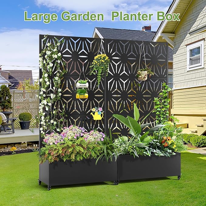 Raised Garden Bed with Trellis and Wheels,73"x35"x16" Metal Raised Garden Bed,Black Star Metal Planter with Climbing Trellis for Vines & Vegetables