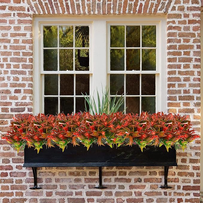 Uieke 6Pcs Outdoor Artificial Plants UV Resistant Fake Flowers Plastic Plants Morning Glory Greenery Shrubs for Outside Home Garden Patio Window Box Summer Fall Décor Red