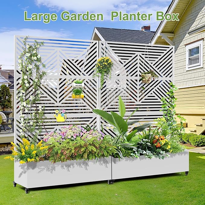 Raised Garden Bed with Trellis and Wheels,73"x47"x16" Metal Raised Garden Bed,White Diamond Metal Planter with Climbing Trellis for Vines & Vegetables