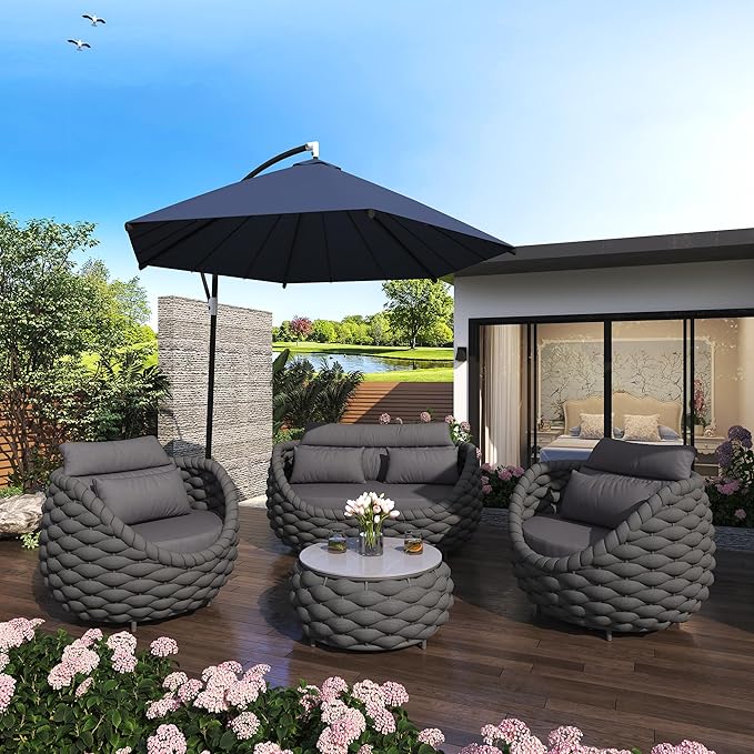 6 Pieces Patio Furniture Set, Outdoor Rope Conversation Sectional Patio Sofa with 6 Seater for Backyard, Porch, Modern Armchairs with Thickness Cushions and Side Table, Dark Grey