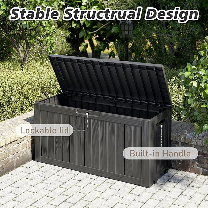 NUNU LAB 76 Gallon Deck Box, Large Resin Outdoor Storage Box, Waterproof Patio Storage Container with Double Wall Panels for Cushions, Garden Tools, Pool Toys, and Packages