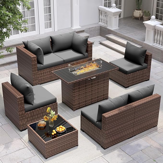 UDPATIO Outdoor Patio Furniture Set with Fire Pit Table, 8 Piece Outdoor Sectional Sofas, All-Weather Wicker Patio Conversation Set for Garden, Backyard Dark Grey