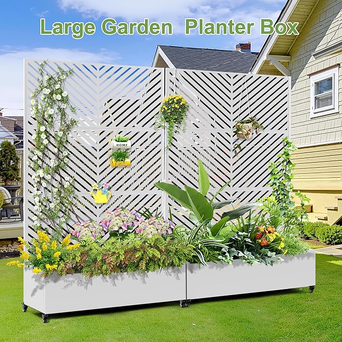 Raised Garden Bed with Trellis and Wheels,73"x47"x16" Metal Raised Garden Bed,White Parallel Metal Planter with Climbing Trellis for Vines & Vegetables