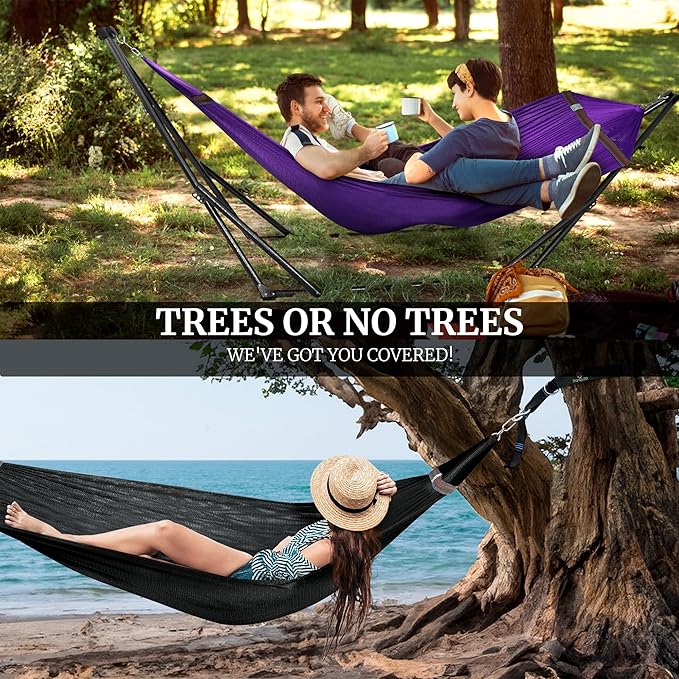 Tranquillo Combo x2 Hammocks with Stand for Outside & Tree Straps, Heavy Duty Hammock with Stand 600lbs for Indoor Outdoor Patio Backyard, x2 Hammocks for 2 Person, Portable Carrying Bags, Purple