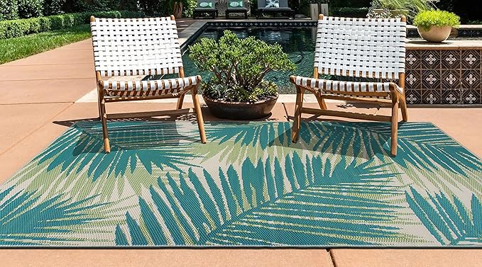 Rugshop Tropical Floral Reversible Crease-Free Waterproof Premium Recycled Plastic Outdoor Rugs for Patio,Backyard,RV,Deck,Picnic,Trailer,Beach,Camping Green 3' x 5'