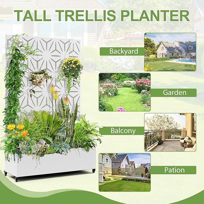 Raised Garden Bed with Trellis and Wheels,73"x47"x16" Metal Raised Garden Bed,White Star Metal Planter with Climbing Trellis for Vines & Vegetables