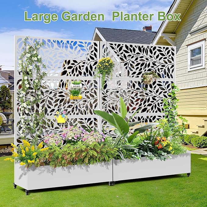 Raised Garden Bed with Trellis and Wheels,73"x47"x16" Metal Raised Garden Bed,White Flowing Leaf-2 Metal Planter with Climbing Trellis for Vines & Vegetables