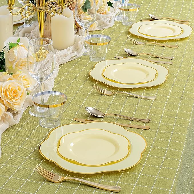 Liacere 50PCS Yellow Plastic Plates - Heavy Duty Disposable -Yellow and Gold Include 25PCS 7inch and 25PCS 10inch Plates for Mother's Day & Baby Shower