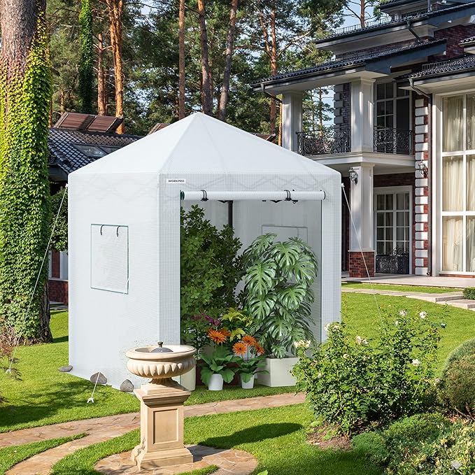 WORKPRO Greenhouse, 94" x70" x98" Instant Pop-up Heavy Duty Gardening Green House Canopy with Robust PE Cover, Indoor Outdoor Plant House Shed with Roll-up Entry Doors and 2 Screen Windows