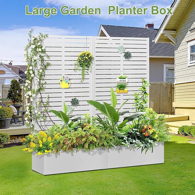 Trellis for Climbing Plants Outdoor,Mental Garden Bed with Drainage Holes Outdoor Privacy Screen Design Tall planters for herb Flower Vegetables 73"x35"x16", White-Louvered