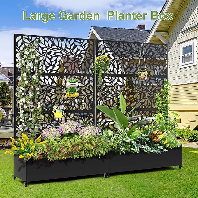 Raised Garden Bed with Trellis and Wheels,73"x47"x16" Metal Raised Garden Bed,Black Flowing Leaf-2 Metal Planter with Climbing Trellis for Vines & Vegetables