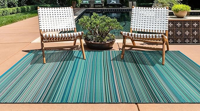 Rugshop Contemporary Stripe Reversible Crease-Free Waterproof Premium Recycled Plastic Outdoor Rugs for Patio,Backyard,RV,Deck,Picnic,Trailer,Beach,Camping Blue 3' x 5'