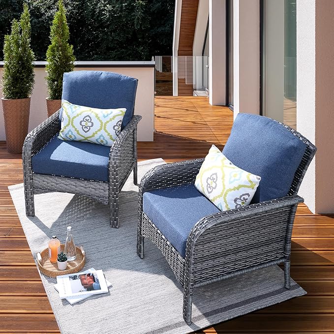 ovios 2 Pieces Patio Furniture Set, Outdoor Wicker Chairs of 2, All Weather High Back Rattan Chairs 2-Seater with Comfy Cushions for Porch Deck, Denim Blue