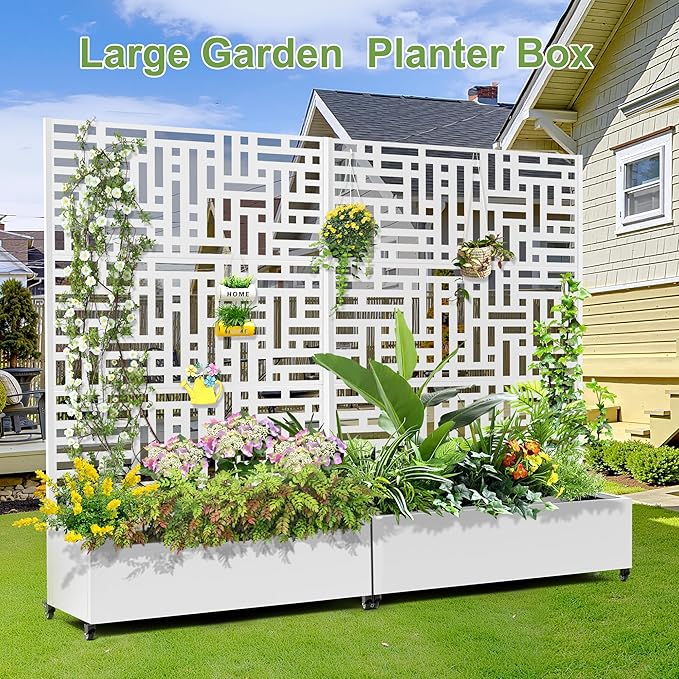 Raised Garden Bed with Trellis and Wheels,73"x47"x16" Metal Raised Garden Bed,White Modern Metal Planter with Climbing Trellis for Vines & Vegetables