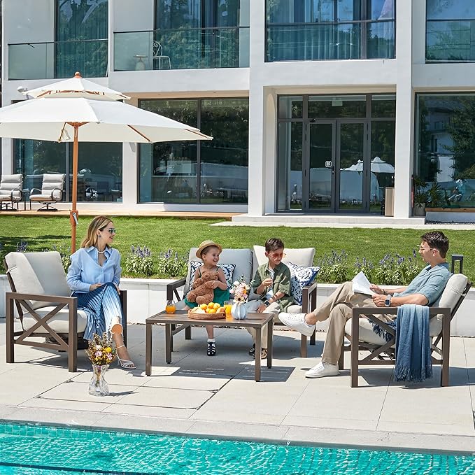 NATURAL EXPRESSIONS 4 Pieces Patio Furniture Sets,Outdoor Sectional Metal Furniture Conversation Set with Loveseat Chair,2 Single Chairs 1 Metal Table,6.5" Beige Cushions for Yard,Garden